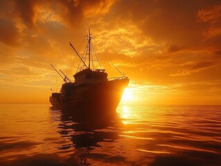 Fototapeta premium Longline vessel silhouetted against the vast open sea, golden sky, and natural serenity