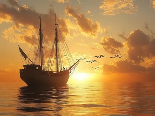 Fototapeta premium Longline vessel silhouetted against the vast open sea, golden sky, and natural serenity