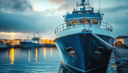 Naklejka premium Modern trawler equipped with sustainable fishing technology, docked at a harbor, clean blue tones