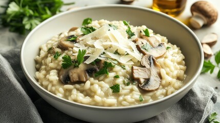 A bowl of creamy mushroom risotto garnished with shaved Parmesan cheese and freshly chopped parsley, Mushroom risotto bowl centered, Soft diffused lighting accentuating its creamy texture