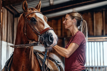 Fototapeta premium Horse grooming session in a rustic barn during daylight hours