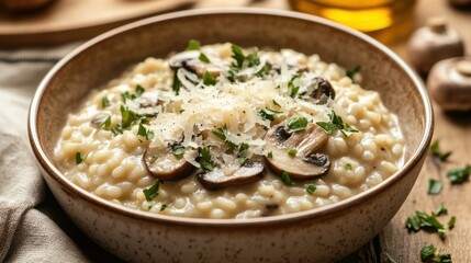 A bowl of creamy mushroom risotto garnished with shaved Parmesan cheese and freshly chopped parsley, Mushroom risotto bowl centered, Soft diffused lighting accentuating its creamy texture