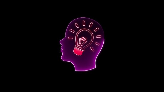 head with ribbon, Glowing neon line Human with lamp bulb icon isolated on black background.  The human brain combined with an electric light bulb.