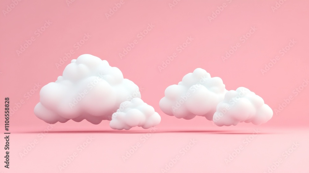 Poster a pink background with four white clouds. the clouds are floating in the air. the clouds are not tou