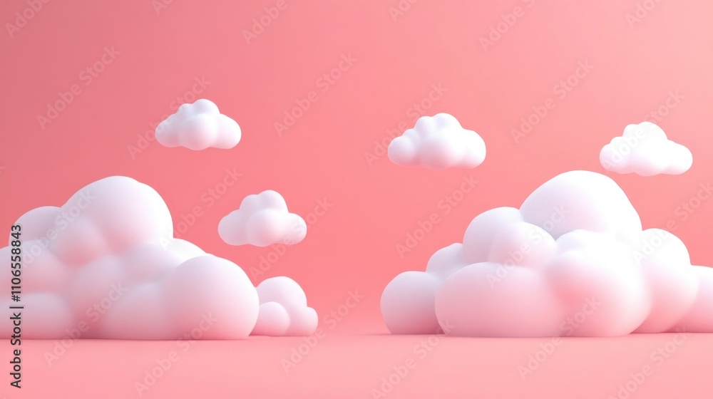Poster a pink background with four white clouds. the clouds are floating in the air. the clouds are not tou