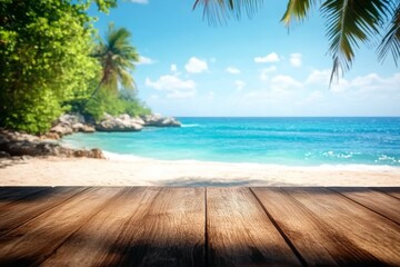 Fototapeta premium Tropical Beach Wooden Table Display for Summer Holiday Background and Product Promotion
