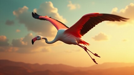 A dramatic image of a flamingo soaring through the sky, with its wings spread wide, emphasizing its graceful flight and natural beauty.