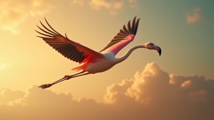 Naklejka premium A dramatic image of a flamingo soaring through the sky, with its wings spread wide, emphasizing its graceful flight and natural beauty.