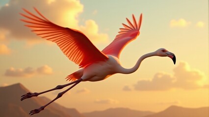 Fototapeta premium A dramatic image of a flamingo soaring through the sky, with its wings spread wide, emphasizing its graceful flight and natural beauty.