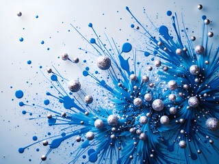Dynamic burst of blue paint with metallic accents and splatter effects, digital art of abstract design concept.