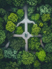 Aerial view of a tranquil park surrounded by lush greenery and walking paths on a sunny day