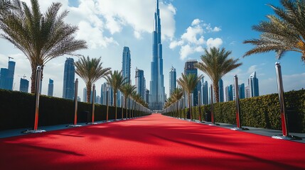 A red carpet leads to a city skyline with palm trees on the side.