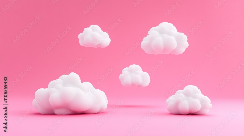 Poster a pink background with four white clouds. the clouds are floating in the air. the clouds are not tou