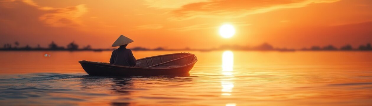 Traditional Vietnamese fisherman paddling a coracle boat, soft ripples on calm water, warm sunset