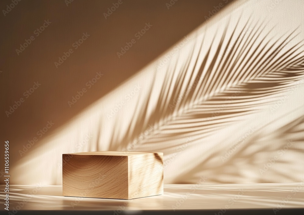 Poster minimalist wooden cube with palm leaf shadows on beige wall abstract background