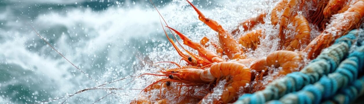 Trawler net filled with shrimp and crabs, detailed closeup, ocean spray visible in the background