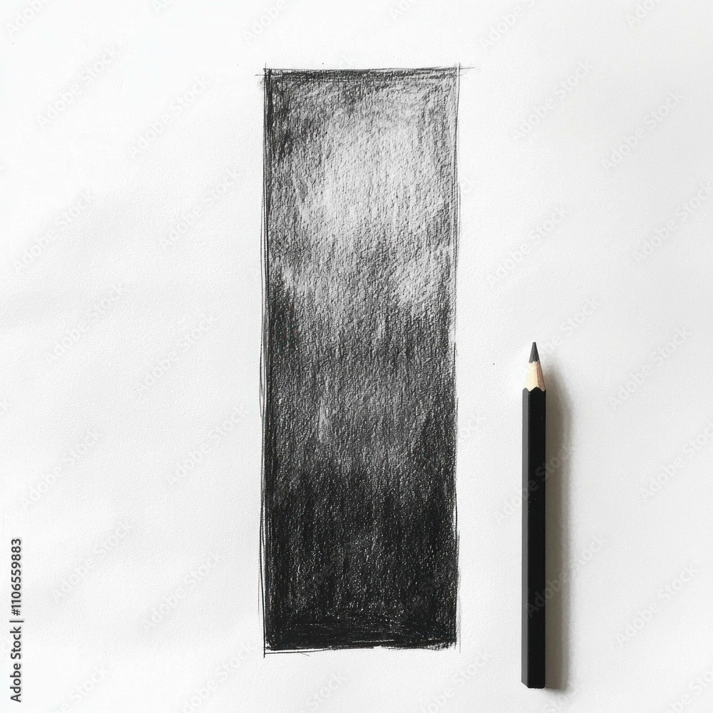 Poster black and white sketch of a vertical rectangle with a pencil beside it, demonstrating shading techni