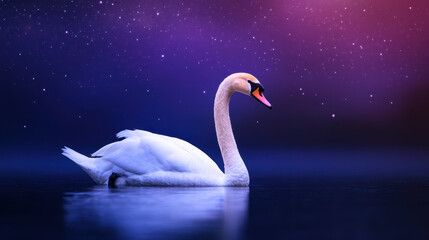 Fototapeta premium Elegant swan gliding on tranquil lake under starry sky, blending realism with fantasy. serene atmosphere evokes sense of peace and beauty