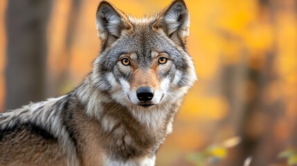 Obraz premium A wolf looks directly at the camera with a blurred forest background.