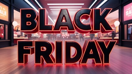 Illuminated "Black Friday" sign in a busy shopping mall, showcasing the excitement and crowds during the sales event.