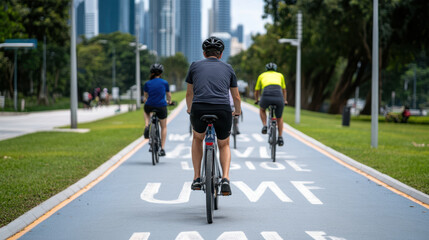 Cyclists riding on dedicated urban greenway, promoting active transportation and healthy lifestyles. scene captures vibrant city backdrop with modern architecture
