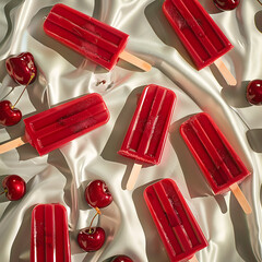 holiday pop art, shiny photorealistic red cherry popsicles with a retro midcentury modern christmas...