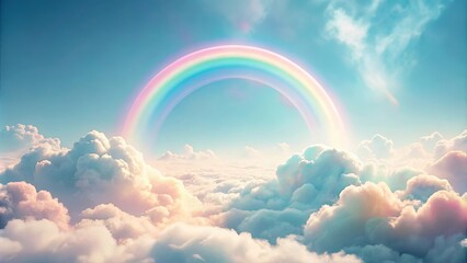 Serene Cloudscape with a Pastel Rainbow Arcing Above a Sea of Fluffy White Clouds