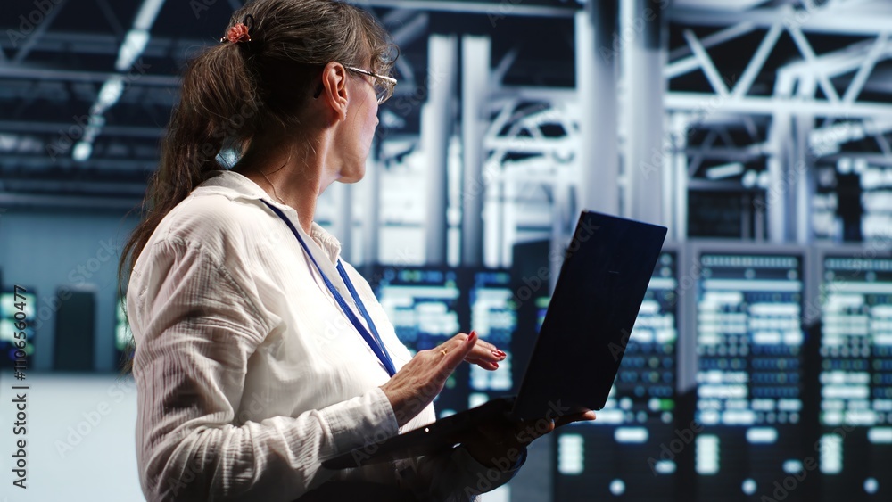 Poster experienced manager working in data center housing gpu dedicated supercomputers that can process ai 