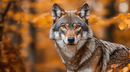 A wolf stands in an autumnal forest, looking directly at the camera.