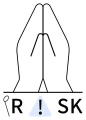 Hands in prayer pose with magnifying glass over R, caution sign as I. Ideal for risk management, prayerful reflection, vigilance, caution, mindfulness, spirituality symbolism. Line metaphor