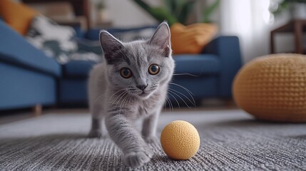 Playful Russian Blue kitten chasing and batting at a ball while darting across the floor of a contemporary minimalist living room with hardwood flooring and neutral decor