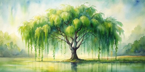 Serene Weeping Willow Tree by a Calm Body of Water, Painted in Soft Watercolor Hues