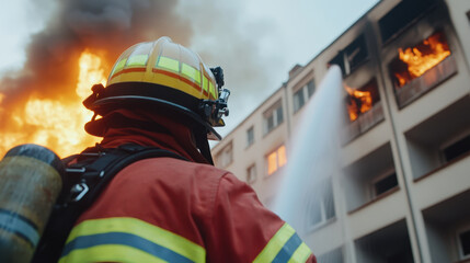 Fototapeta premium Firefighter spraying water onto burning building, smoke rising dramatically. scene captures urgency and bravery of emergency response efforts
