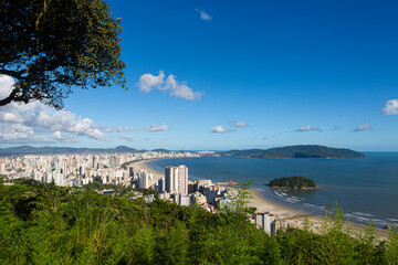 Aerial view of the city of Santos and its beaches, in the background the entrance to the port and the city of Guaruja