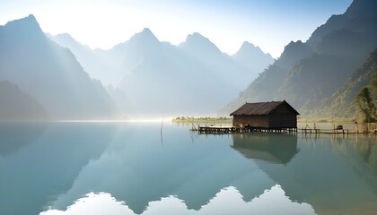 Obraz premium Tranquil wooden house in the midst of stunning lake and mountain scenery.