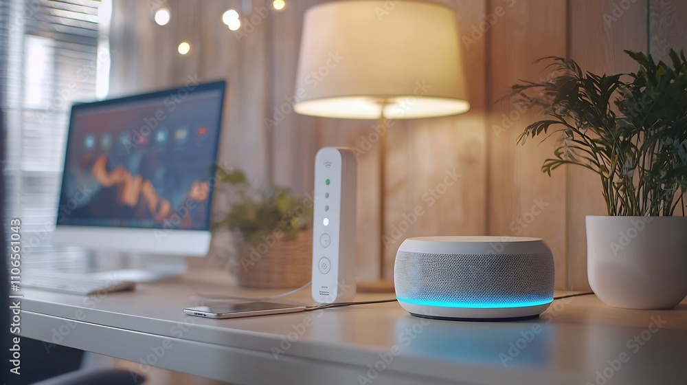 Aufkleber sleek and sophisticated smart home device with voice control on a minimalist and clean desk setup