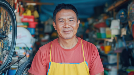 Asian man smiling in roadside stall, surrounded by bicycle repair tools and colorful items, exuding warmth and friendliness