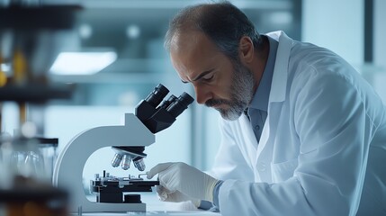 A male scientist in a lab coat examines a slide under a microscope.
