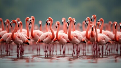 Fototapeta premium A stunning scene of a group of flamingos standing together in a wetland, showcasing their vibrant plumage and graceful formations.