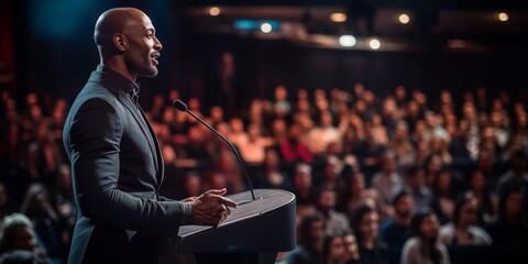 Bald African-American Man in Dark Suit Speaking Passionately at Podium to Diverse Audience in Auditorium