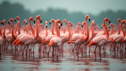 Naklejka premium A stunning scene of a group of flamingos standing together in a wetland, showcasing their vibrant plumage and graceful formations.