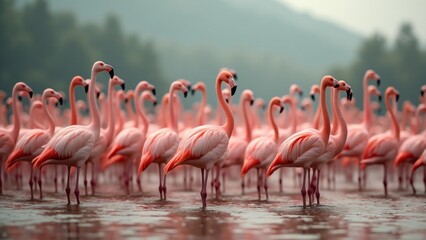 Naklejka premium A stunning scene of a group of flamingos standing together in a wetland, showcasing their vibrant plumage and graceful formations.