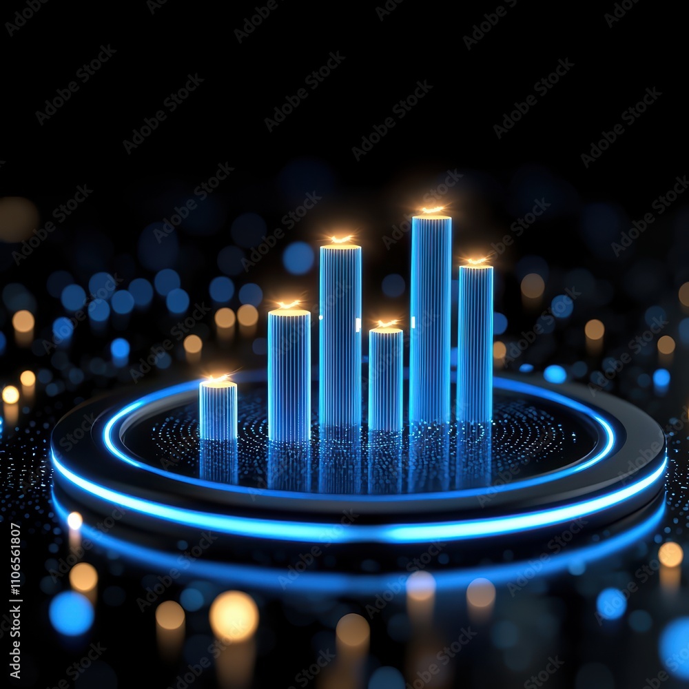 Poster a futuristic 3d visualization of glowing blue bars on a circular base, surrounded by soft bokeh ligh