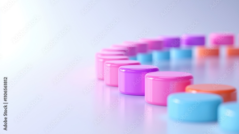 Poster a colorful arrangement of circular containers in pink, purple, and blue, creating a visually appeali