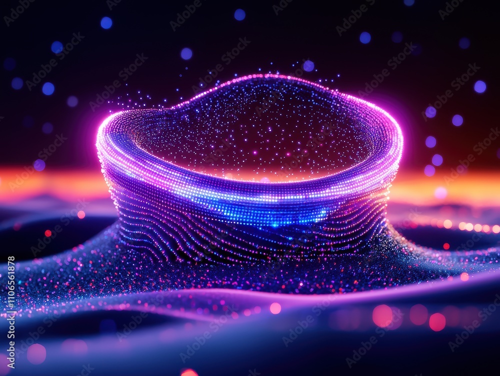 Poster a vibrant, digital landscape features a glowing, undulating surface filled with particles, creating 