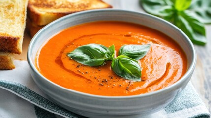 A bowl of creamy tomato basil soup garnished with fresh basil leaves, Soup in bowl, Soft diffused lighting enhancing the vibrant red color
