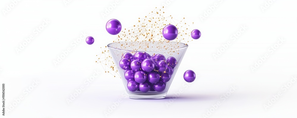 Poster a vibrant bowl filled with purple spheres, some splashing out, creating a dynamic and colorful visua