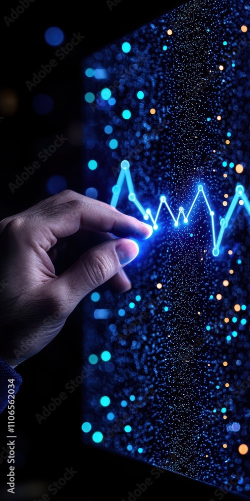 Poster a hand interacting with a digital display, showcasing a blue waveform against a starry background, s