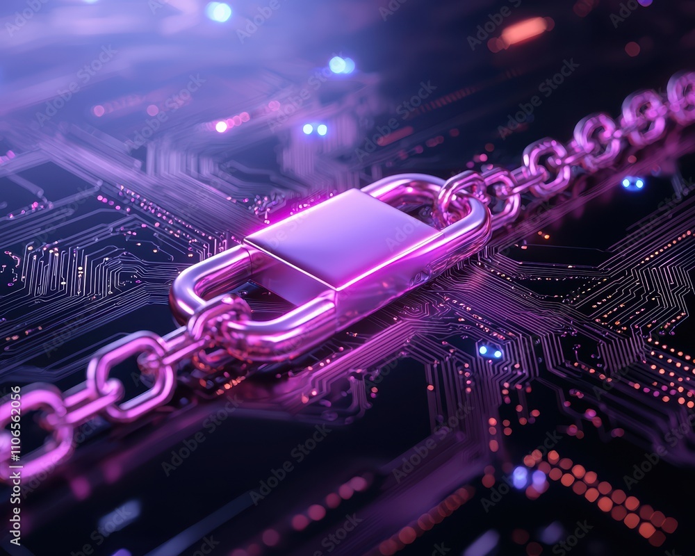 Poster a digital lock with a chain is prominently displayed on a circuit board, illuminated by vibrant purp