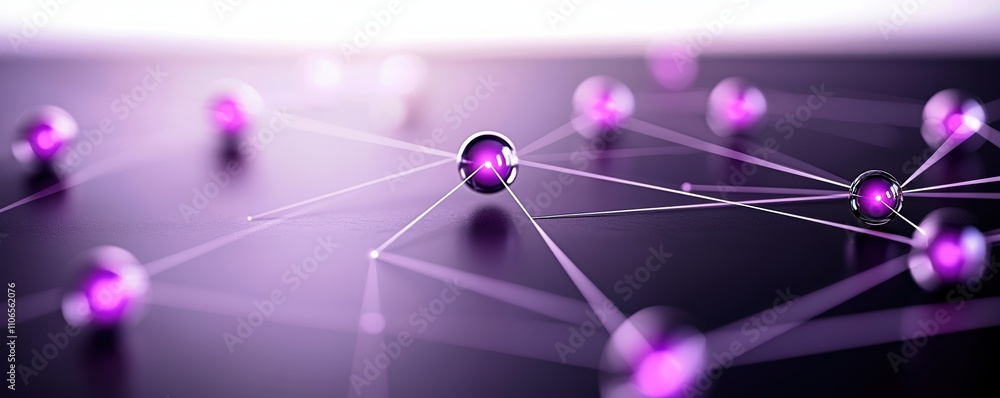 Poster a close-up view of interconnected purple spheres on a dark surface, symbolizing networks or molecula